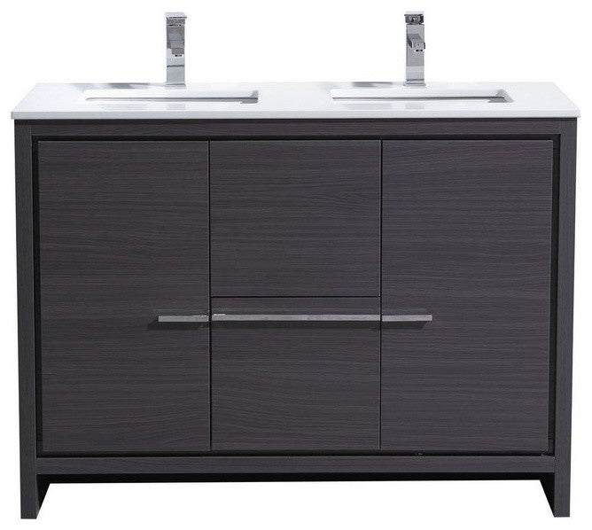 48" Double Sink Gray Oak Modern Bathroom Vanity, White Quartz