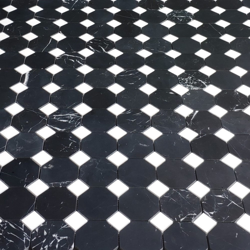 Nero Marquina Black Marble Octagon Mosaic Tile Thassos White Honed, 1 sheet