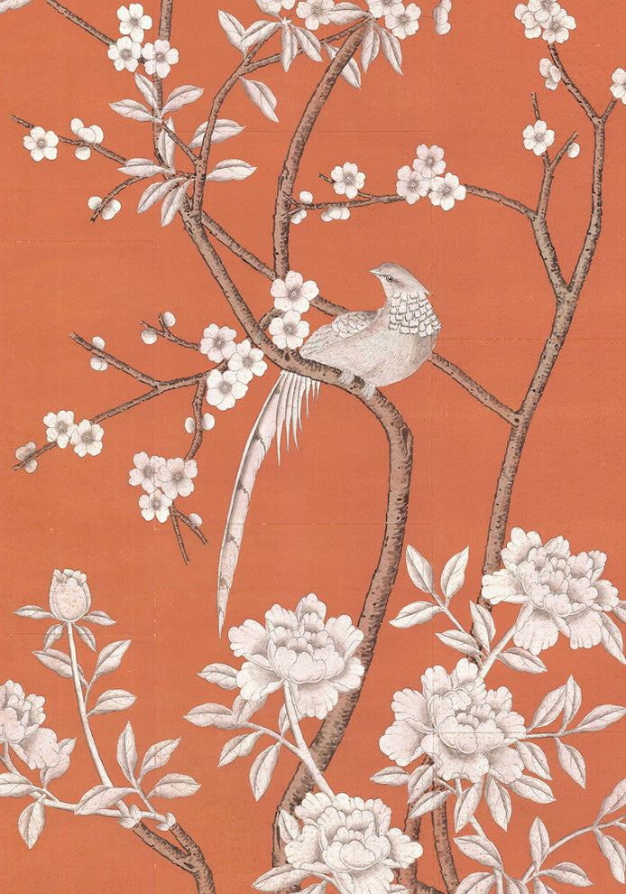 Chinoiserie Wall Mural Maysong Paris, Orange, 90" Wide by 96" Tall