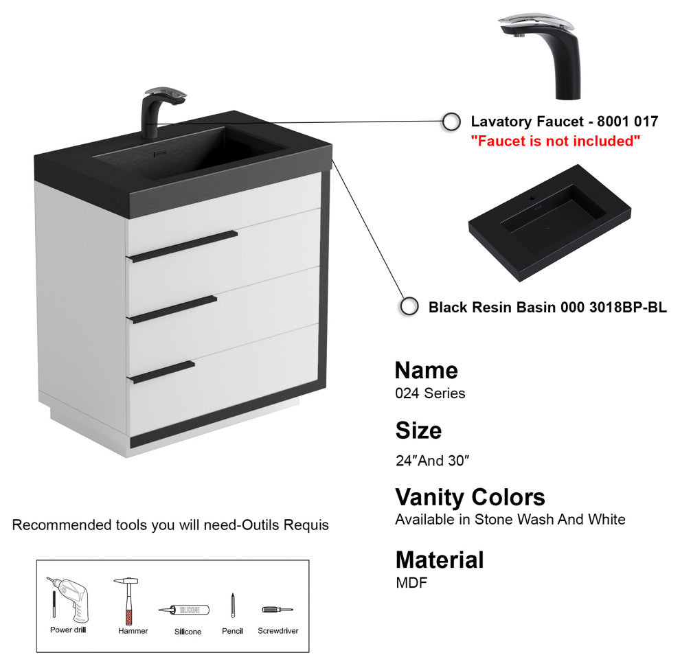 The Wilson Bathroom Vanity, White, 30", Single Sink, Freestanding