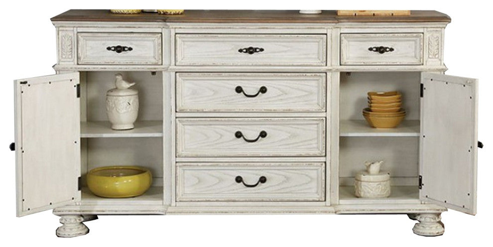 Benzara BM252370 Server With Intricate Wood Inlay Details, Antique White