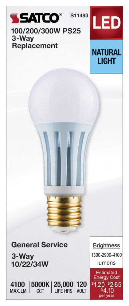 10/22/34W PS25 LED Three-Way Lamp, E39d Mogul Base, 5000K, White Finish, 120