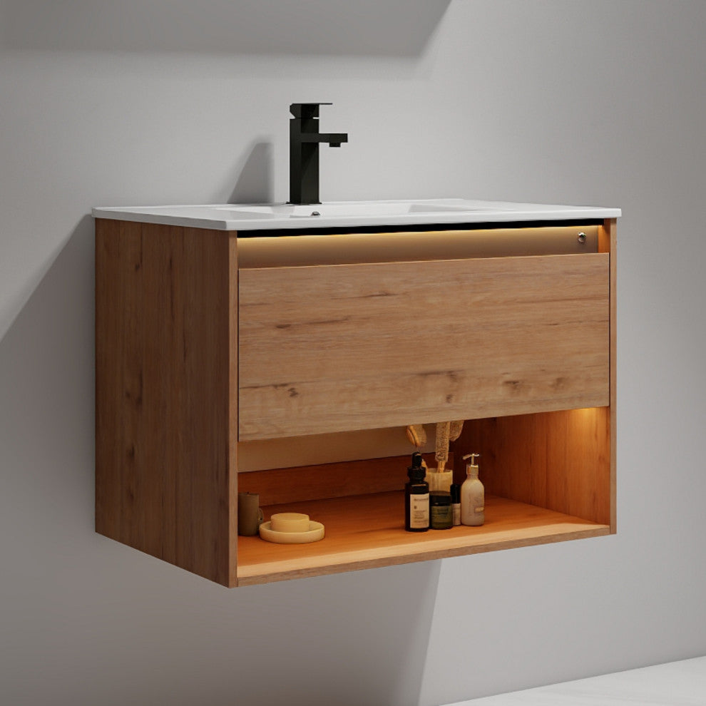 Wall Mounted Bathroom Vanity and Sink, Classic Oak, 30'' Ceramic