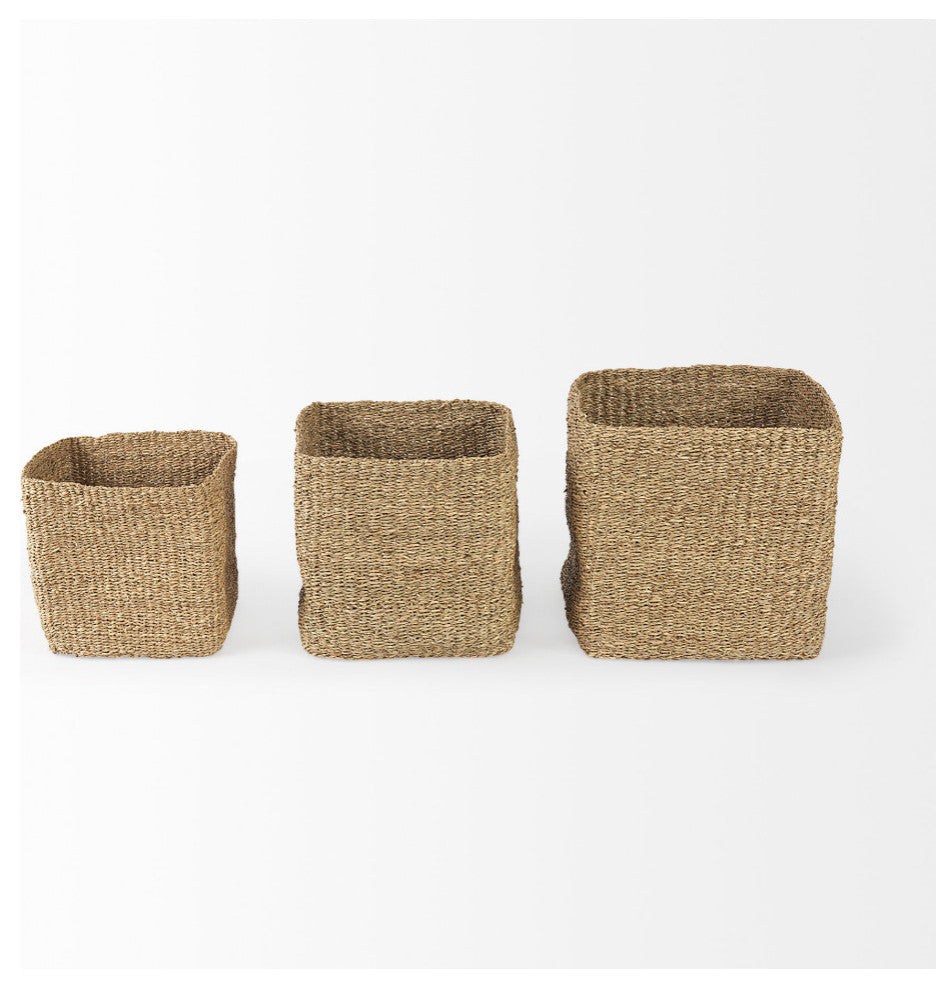 Copenhagen Medium Brown Square Twisted Seagrass Square Baskets, 3-Piece Set