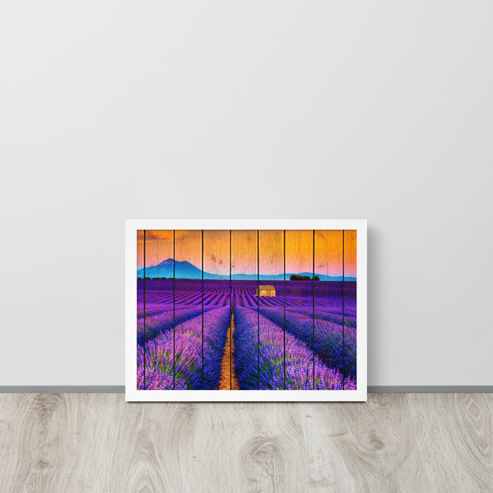 Faux Wood Lavender Fields and Sunset Landscape Framed Photo Paper Wall Art Print, White, 12" X 16"