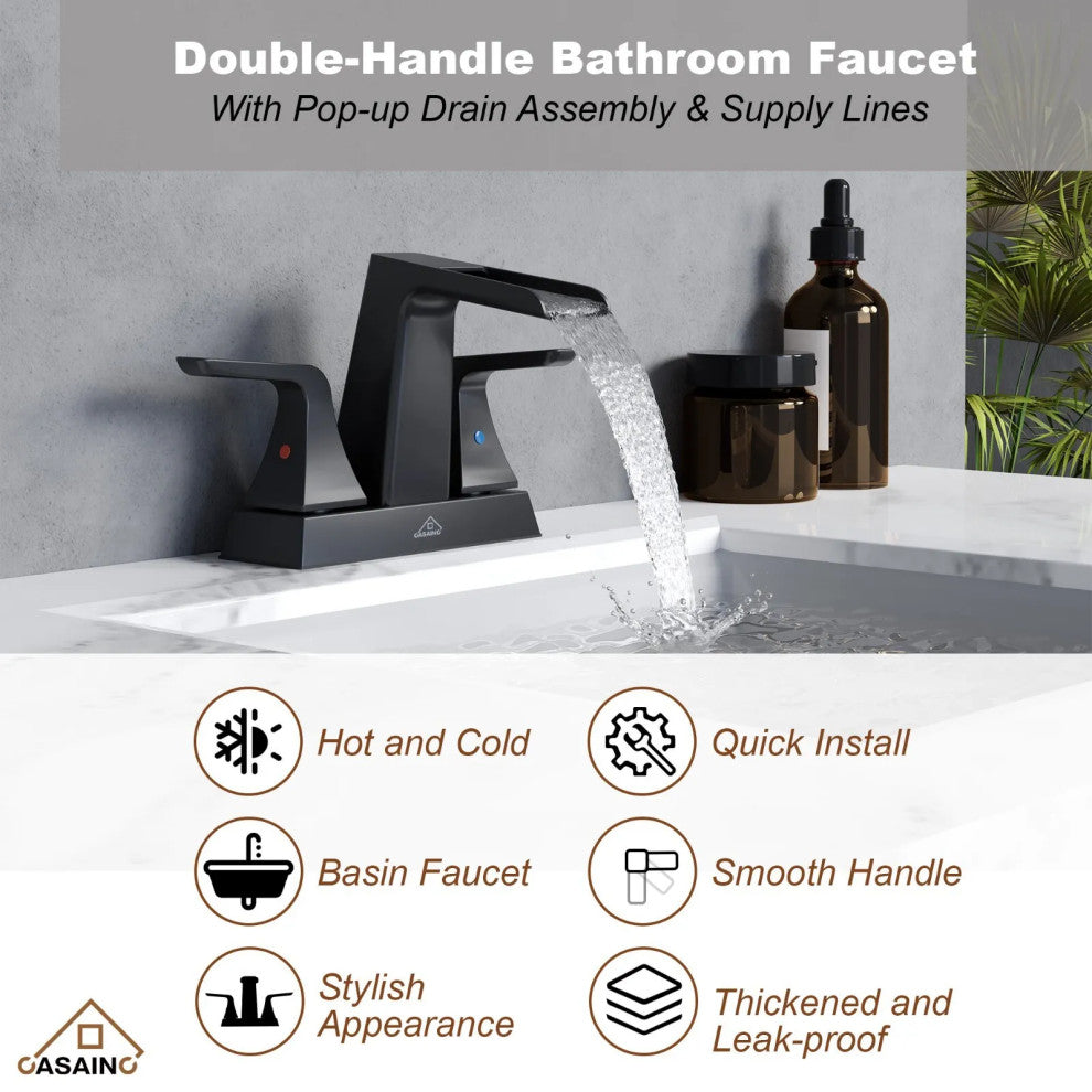 CASAINC 4 In. Bathroom Faucet for Sink 3 Hole Pop-up Drain Water Supply Lines, Matte Black