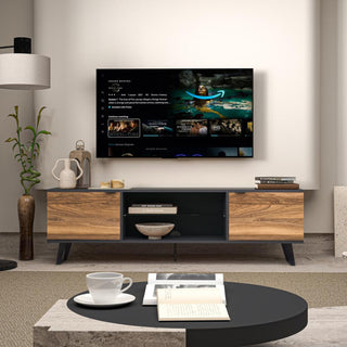 Modern Door Glass Shelf TV Stand with Storage for TVs up 80 to Inches, Walnut