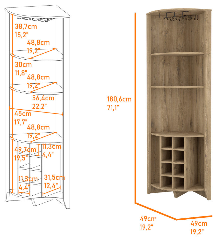 Bouvet Corner Bar Cabinet with 3 Shelves, 8 Wine Cubbies and Cup Rack, Macadamia
