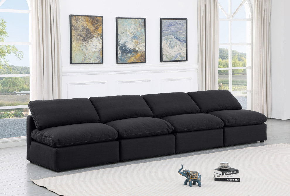 Indulge Upholstered Modular Sofa, Black, 4-Piece: 4 Armless Chair, Down Stuffed Linen Textured Fabric