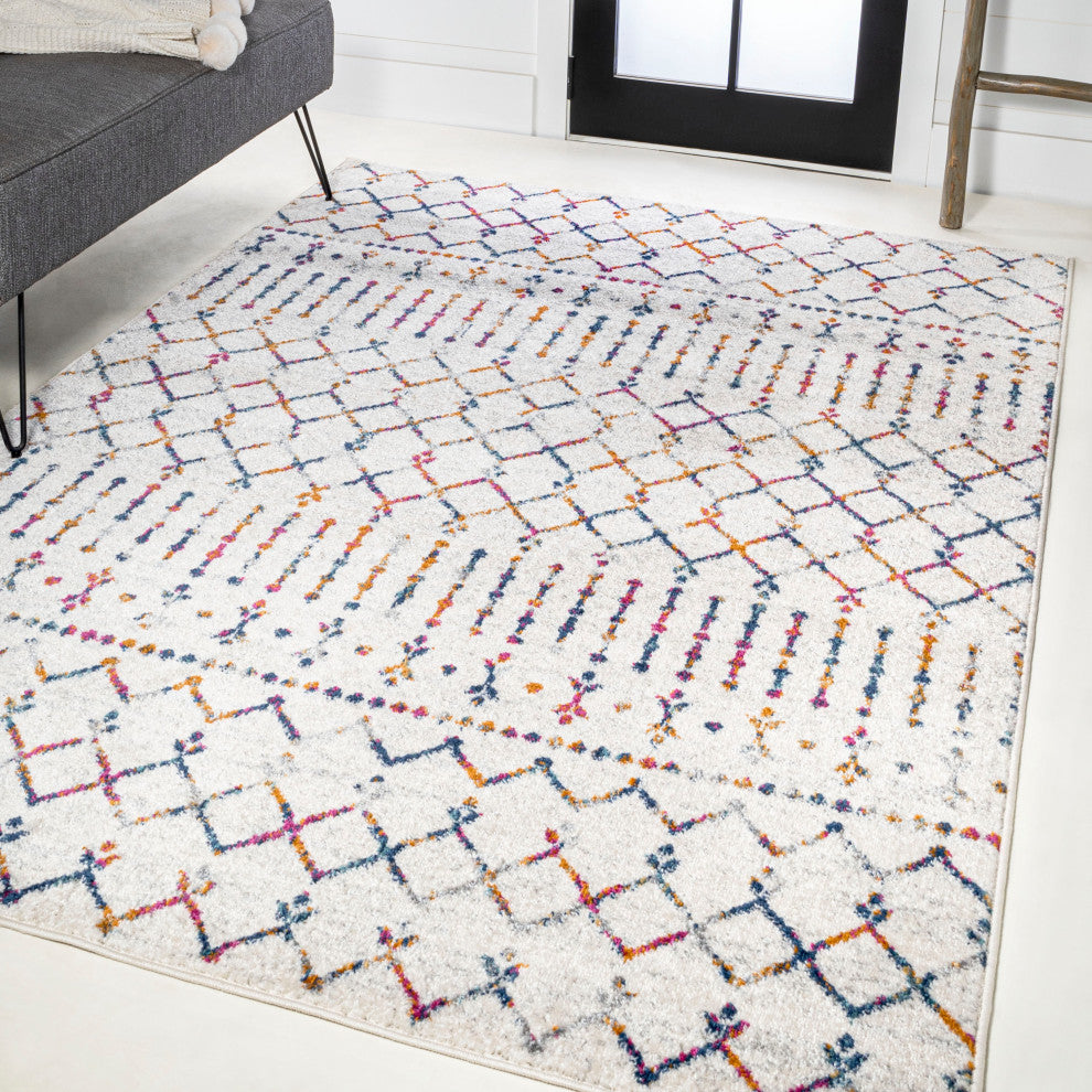 Moroccan HYPE Boho Vintage Diamond Runner Rug, Cream/Multi, 8 X 10