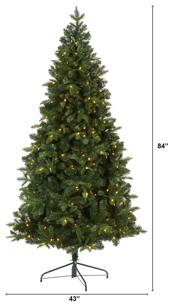 7' Grand Teton Spruce Flat Back Faux Xmas Tree W/ Lights & Bendable Branches