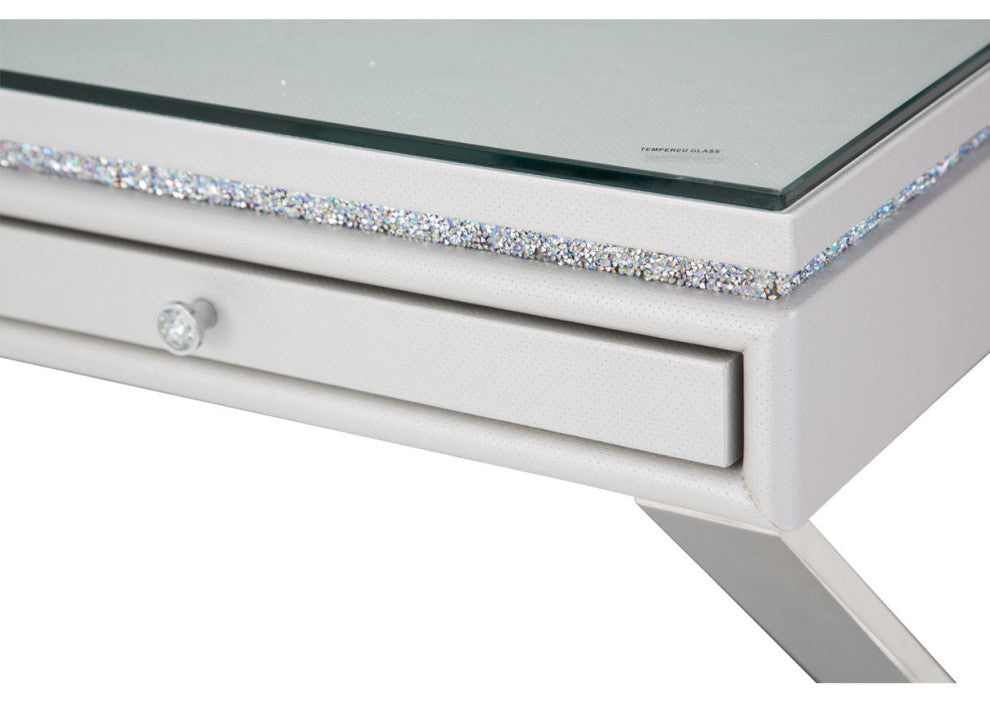 Melrose Plaza Writing Desk With Glass Top, Dove