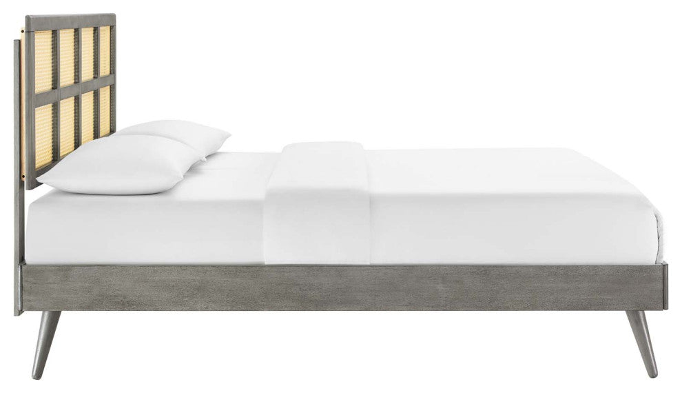 Sidney Cane and Wood Queen Platform Bed With Splayed Legs Gray
