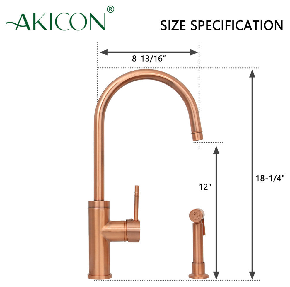 Akicon One-Handle Copper Widespread Kitchen Faucet, Side Sprayer, Copper