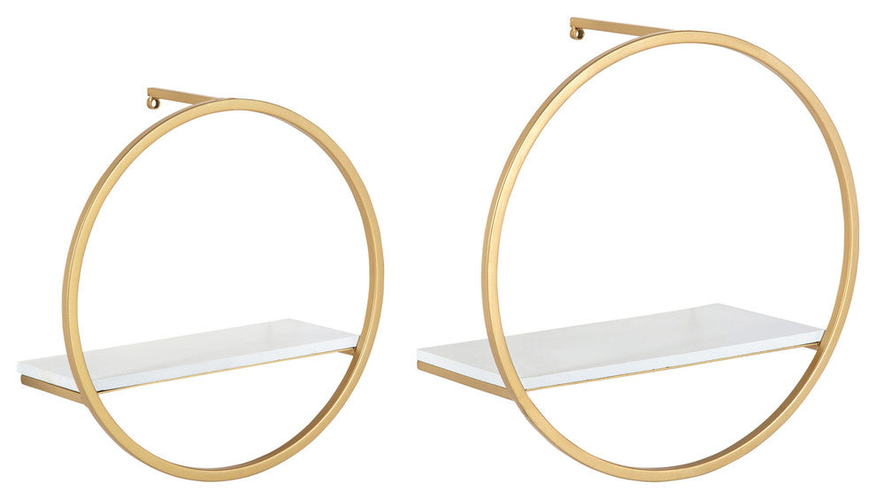 Wicks Round Floating Wall Shelf, White/Gold 2 Piece