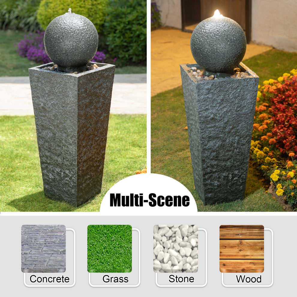 Geometric Pedestal and Sphere Polyresin Outdoor Fountain With LED Light and Pump