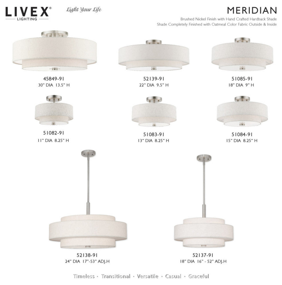 Meridian 2 Light Brushed Nickel Semi-Flush Mount With Oatmeal Shade