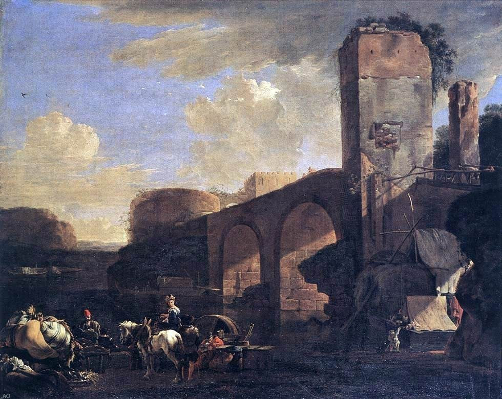 Jan Asselyn Italianate Landscape With a River and an Arched Bridge Wall Decal