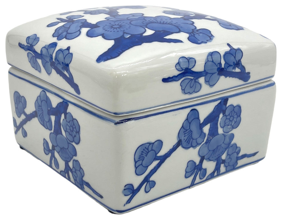 Blue & White Chinoiserie Square Ceramic Box - Cherry Blossom