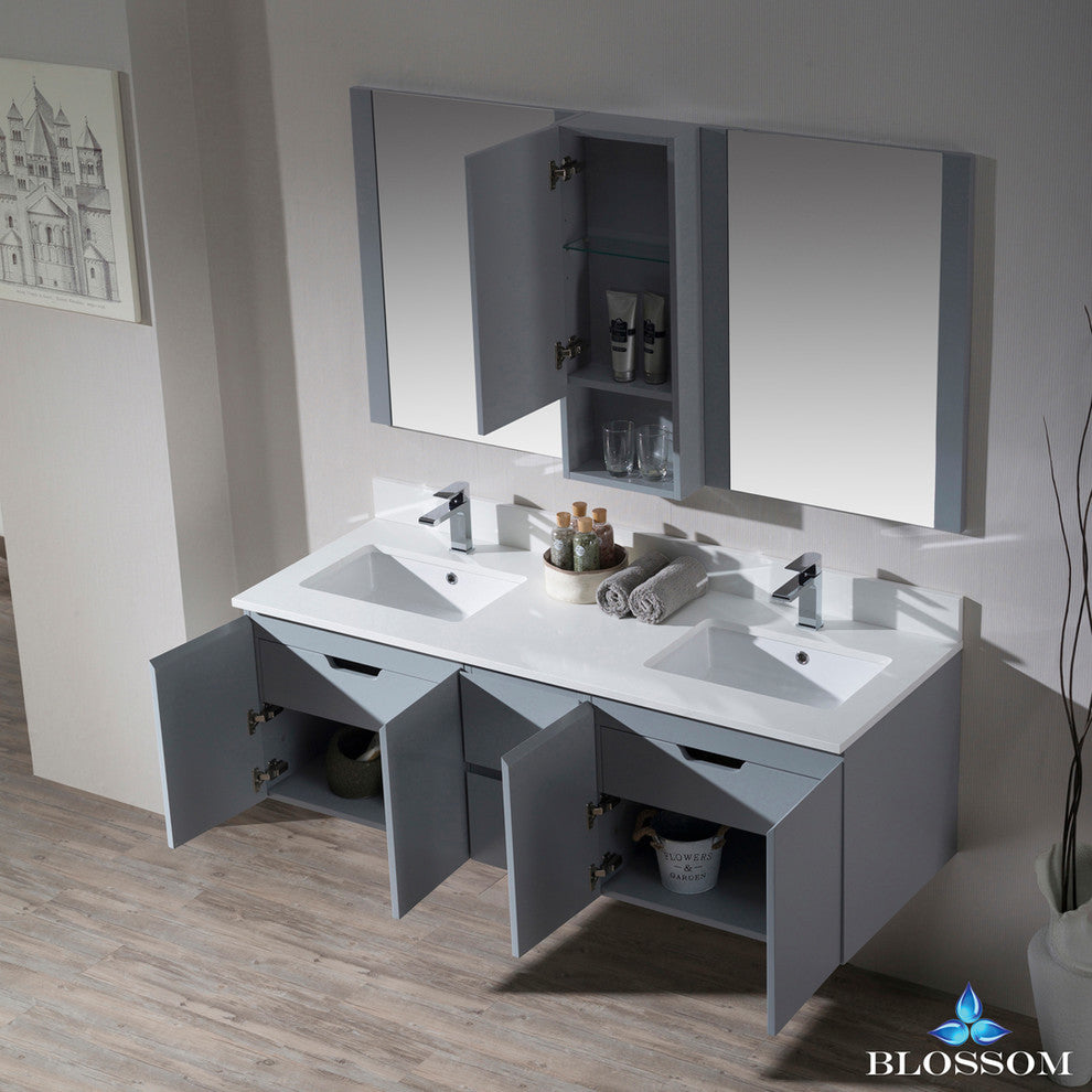 Monaco 60" Double Wall Mount Vanity Set With Mirror and Wall Cabinet