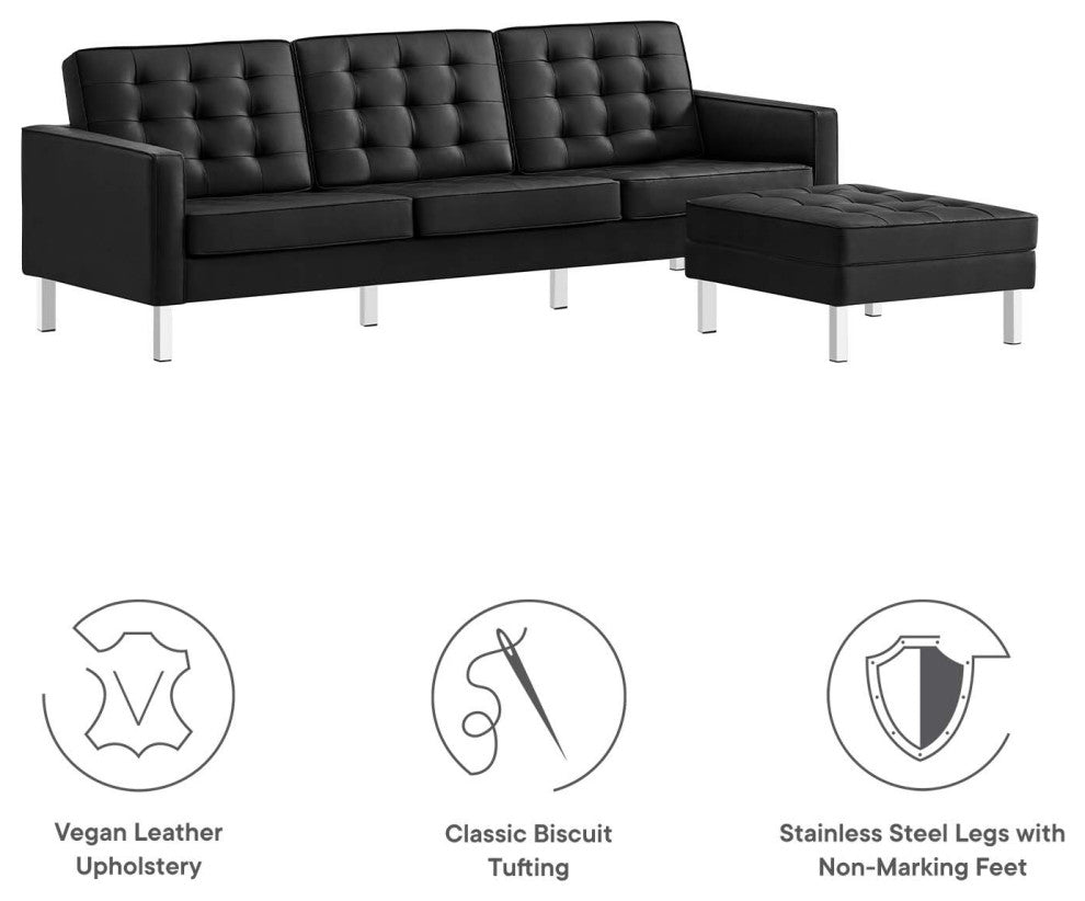Loft Tufted Vegan Leather Sofa and Ottoman Set, Silver Black