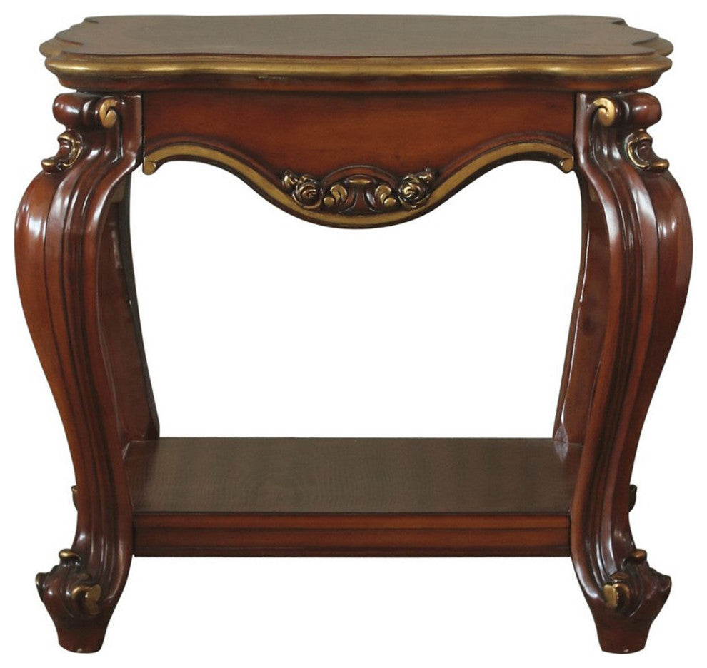 Benzara BM225947 End Table with Open Bottom Shelf and Carved Details, Brown