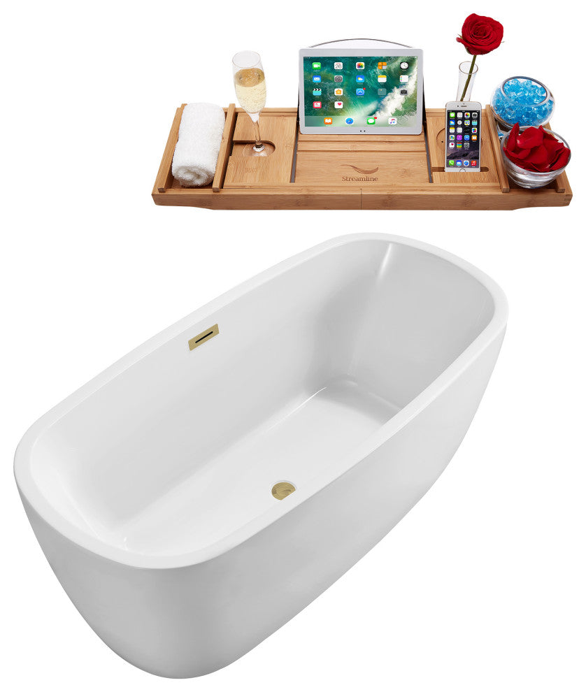 59" Streamline N780BBR Bathtub and Tray With Drain, Brushed Brass