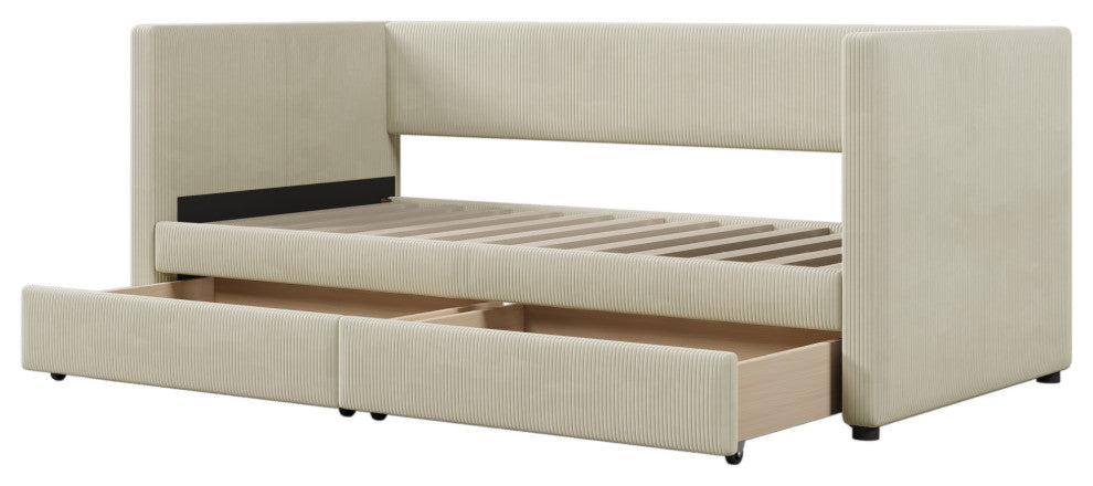 Gewnee Twin Size Corduroy Daybed with Two Drawers and Wood Slat in Beige