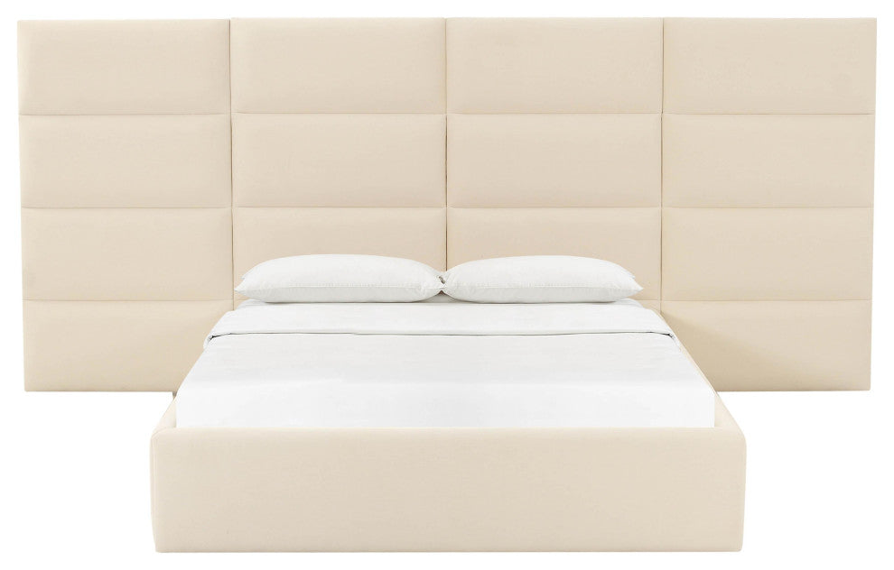 Eliana Cream Velvet Queen Bed with Wings - Cream