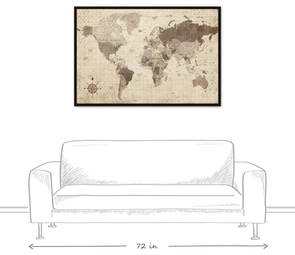 Distressed World Map Walnut Floating Framed Canvas, 20"x30"