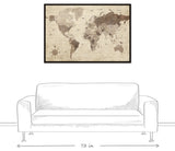 Distressed World Map Walnut Floating Framed Canvas, 20"x30"