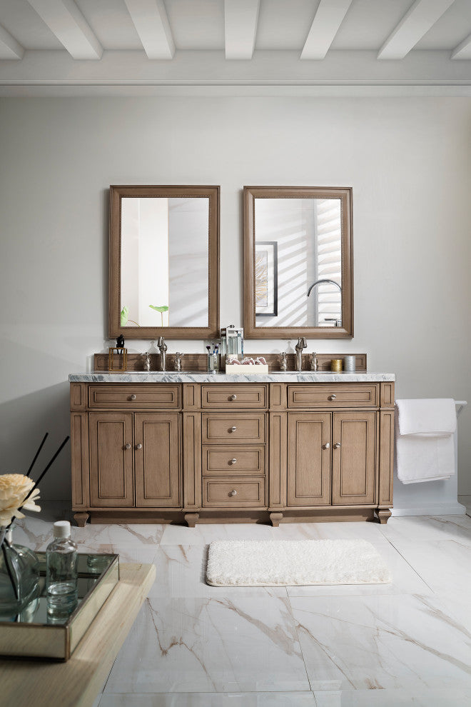 Bristol 72" Double Vanity Bright White, Whitewashed Walnut, Carrara Marble, Three-Hole
