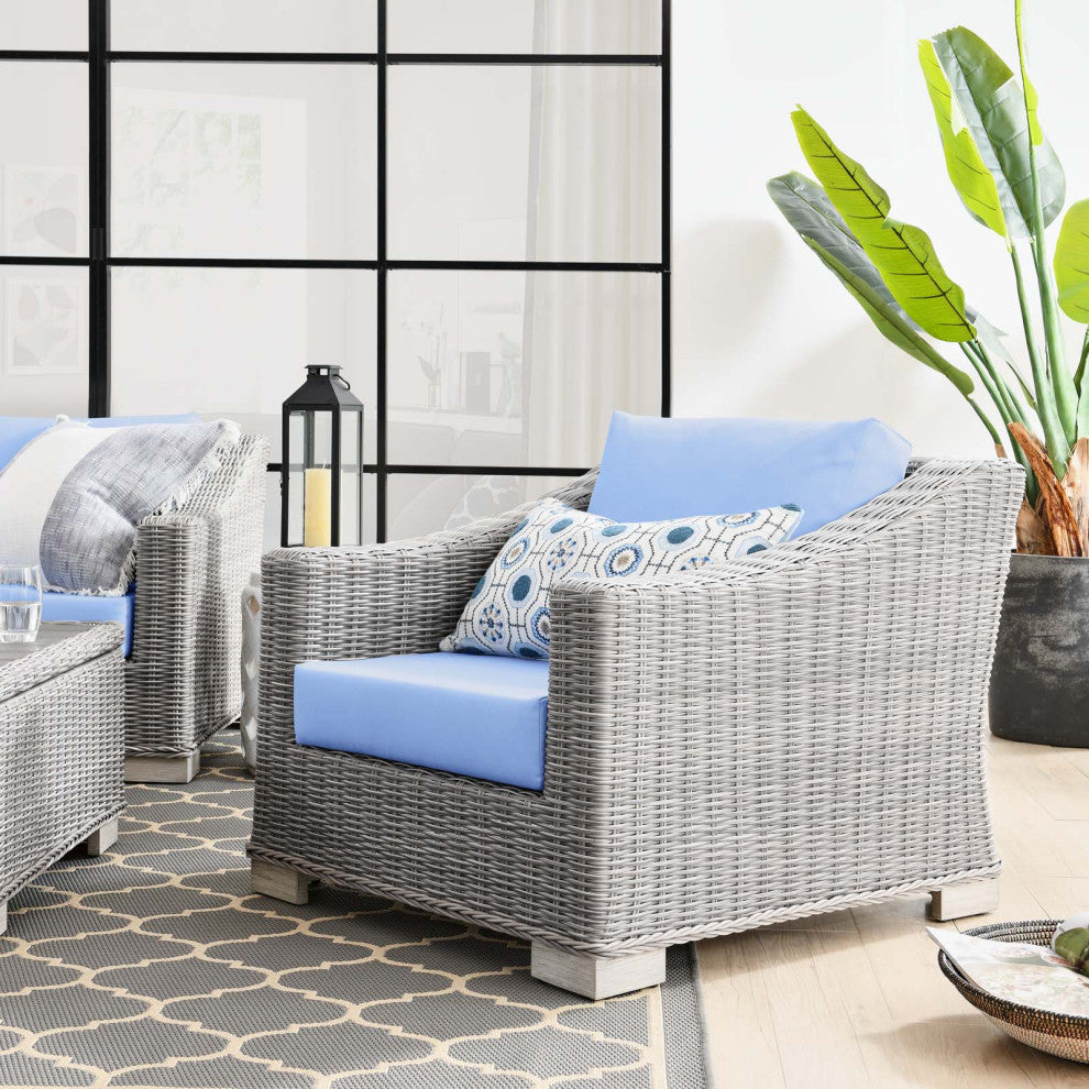 Side Chair Armchair, Rattan, Wicker, Gray Blue, Modern, Outdoor Patio Cafe
