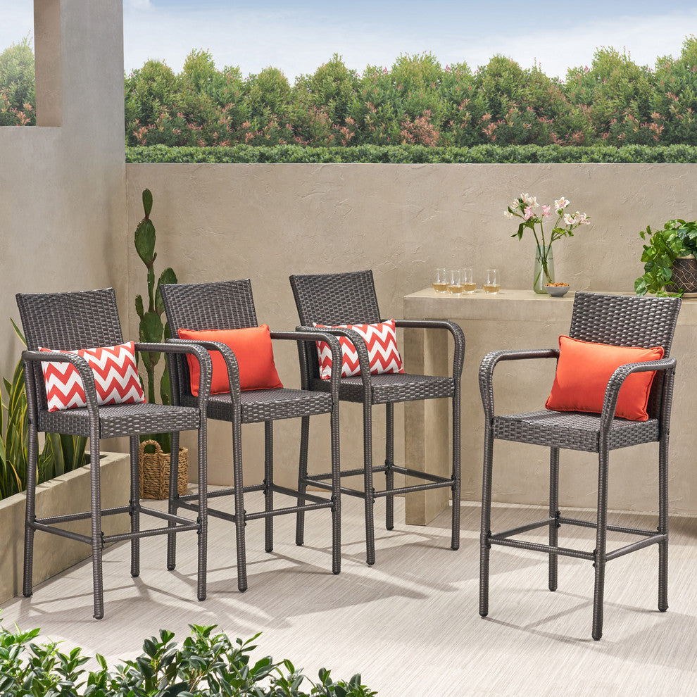 GDF Studio Dunedin Outdoor Gray Wicker Barstools, Set of 4