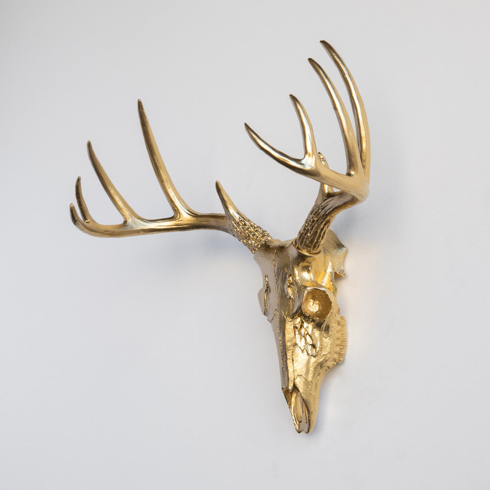 Faux White Mini Deer Skull With Natural Antlers Wall Decor, Gold, Gold