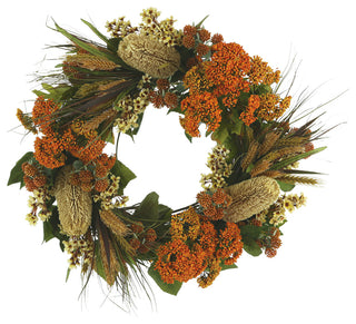 26" Fall Wreath with Hydrangeas, Lilacs and Wheat
