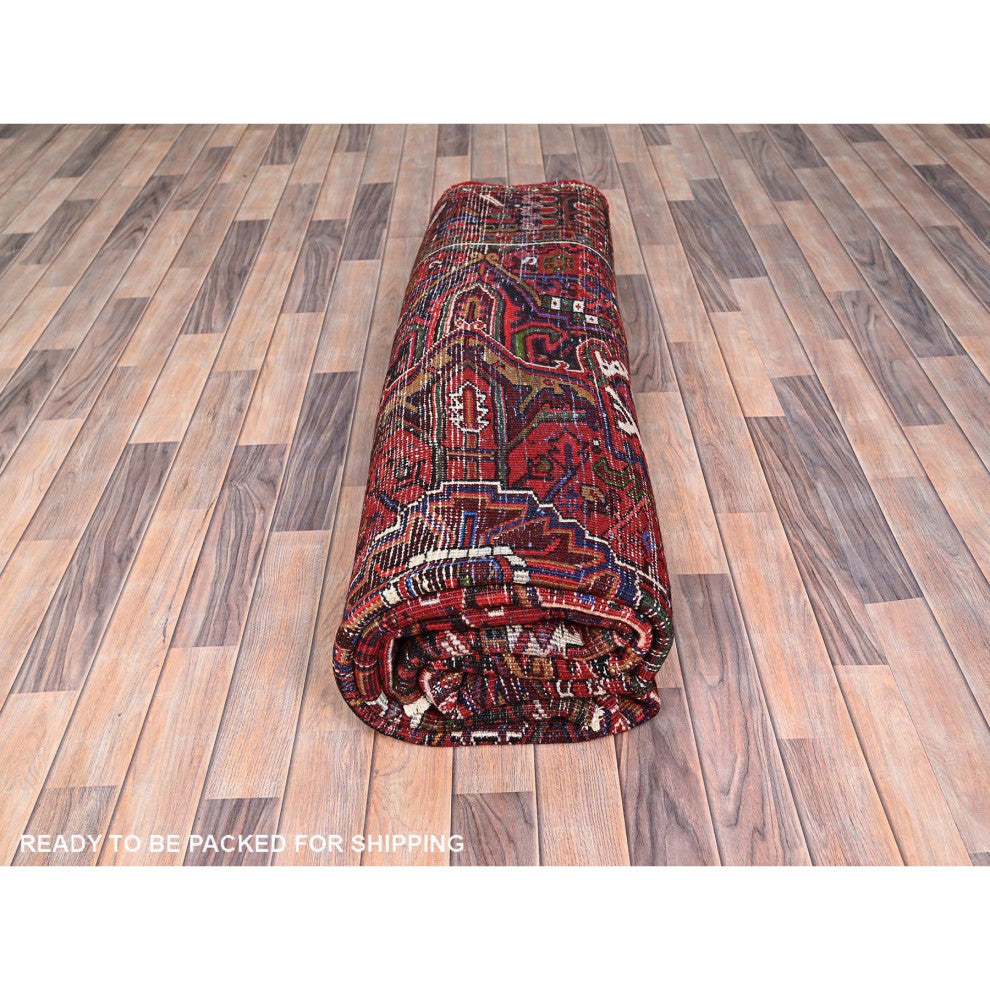 Imperial Red Semi Antique Persian Heriz Worn Wool Hand Knotted Rug 8'2"x11'3"