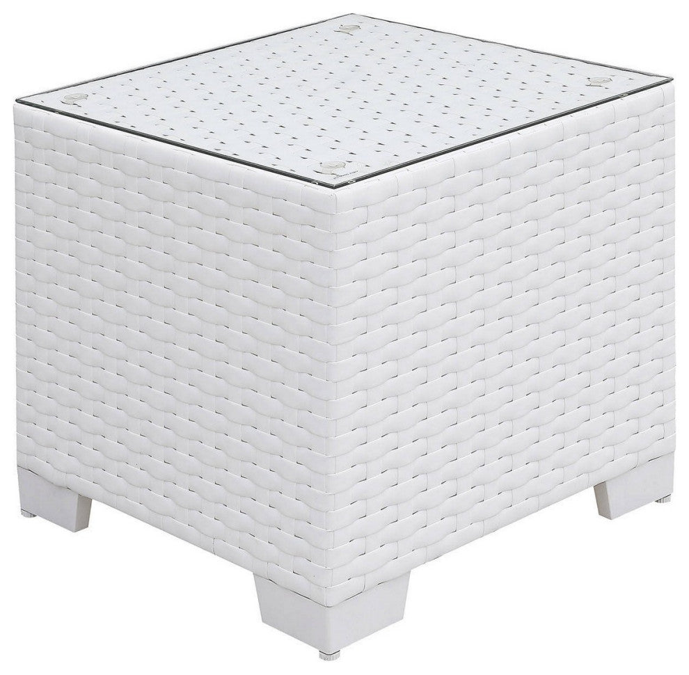 Benzara BM252479 Wicker 2 Accent Chairs With 2 Ottomans & Glass End Table, White