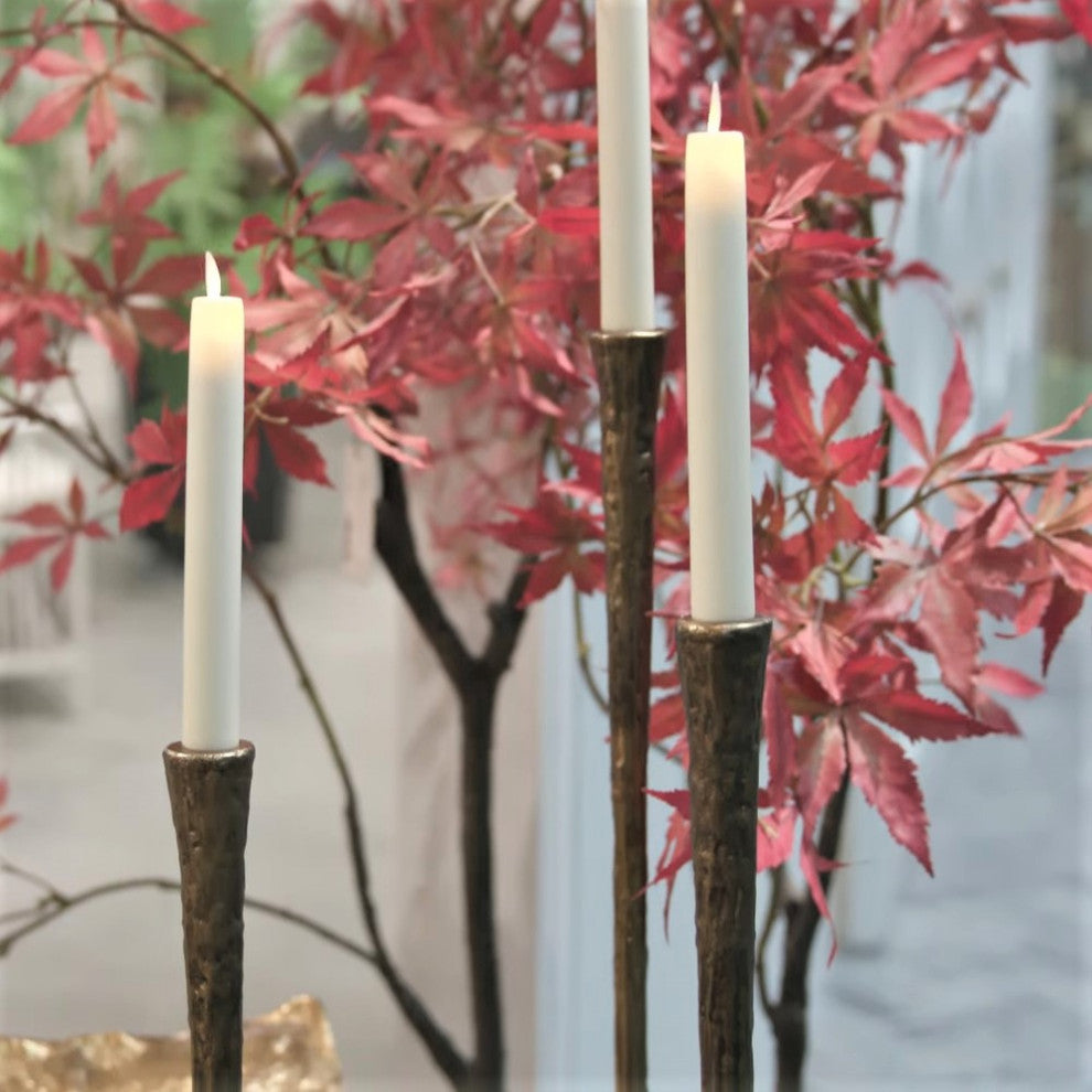 Tall Cast Metal Set Three Gold Candlesticks Taper Candle Holder Elegant Slim