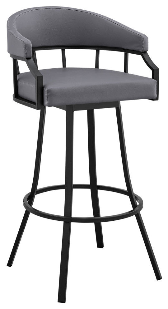 Valerie Swivel Brown Faux Leather and Java Brown Metal Bar Stool, Gray/Black, Bar Height