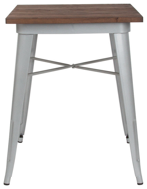 23.5" Square Silver Metal Indoor Table With Walnut Rustic Wood Top