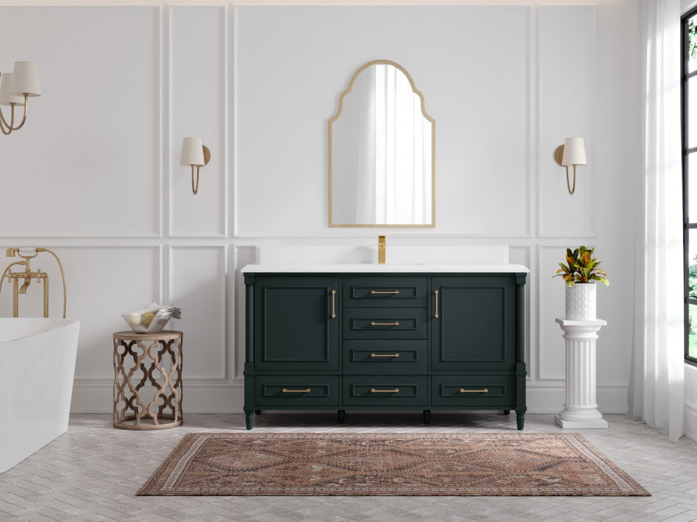 Aberdeen 60 Single Bathroom Vanity in Dark Forest Green 1.5" White Quartz