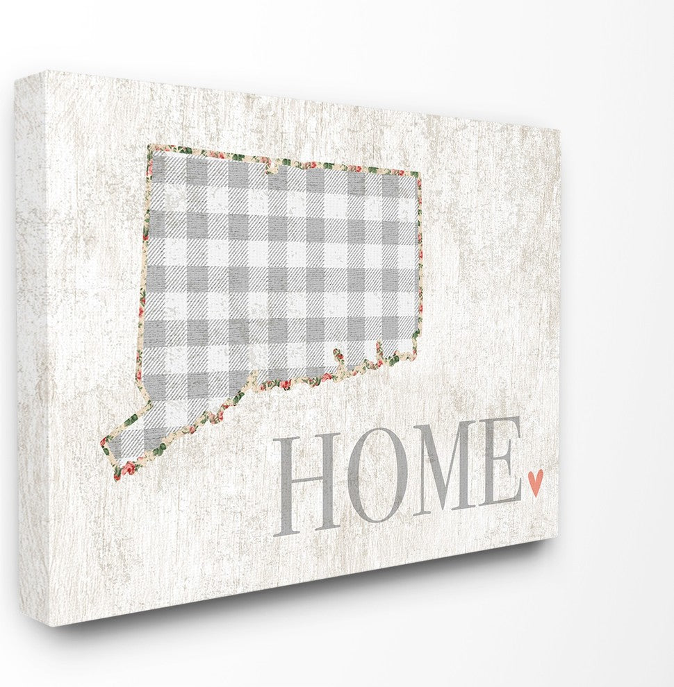 Connecticut Gray Gingham & Floral Heart & Home Canvas Wall Art, 16"x20"