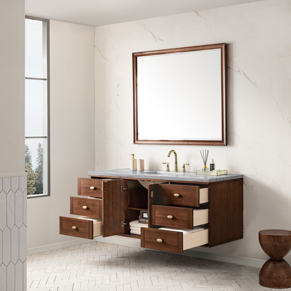 Amberly 60" Single Vanity, Mid-Century Walnut, 3CM Arctic Fall Top