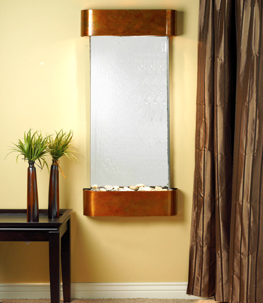 Cascade Springs Water Fountain, Silver Mirror, Rustic Copper, Round