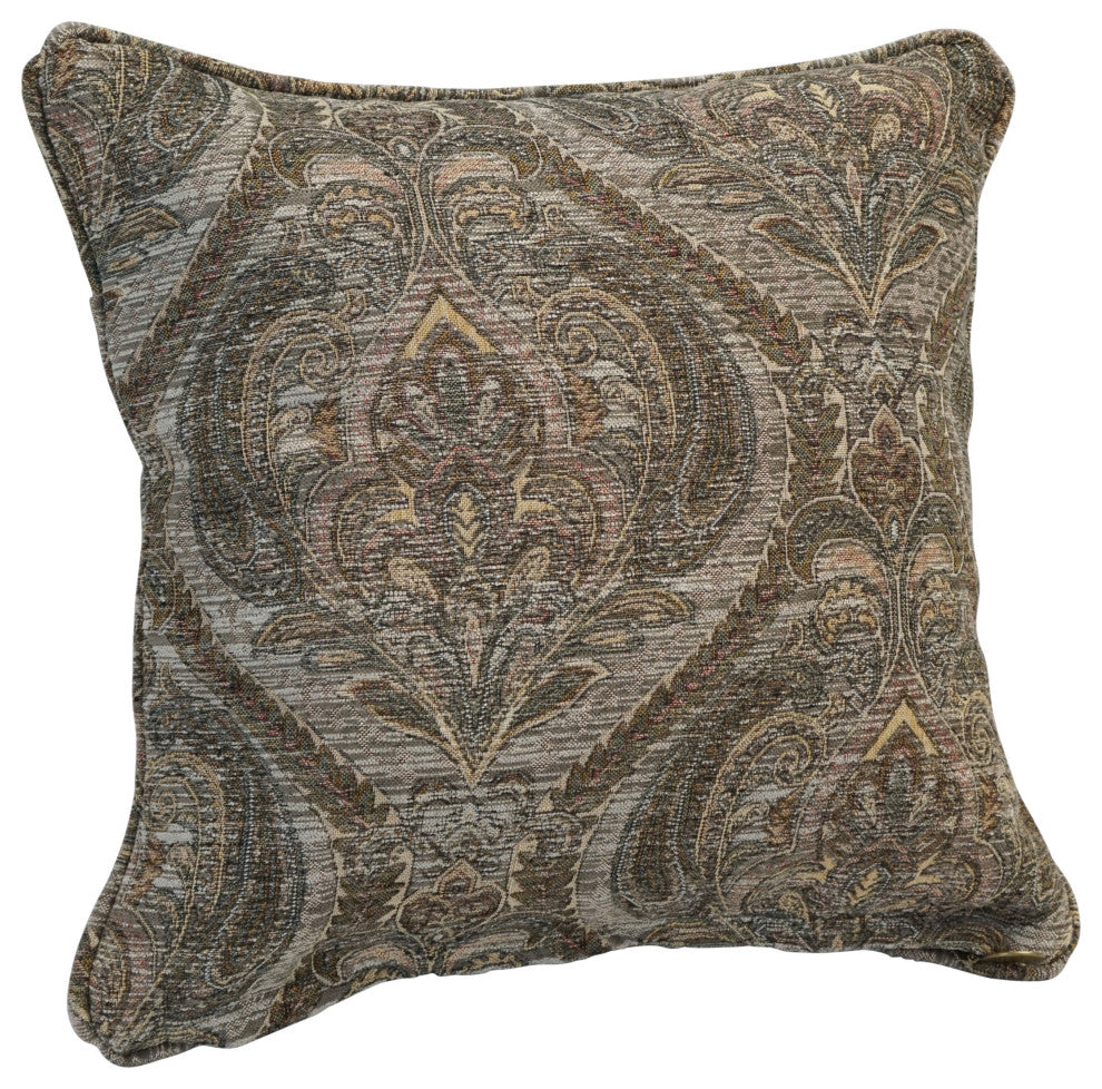 18" Double-Corded Patterned Jacquard Chenille Square Throw Pillow, Gray Damask