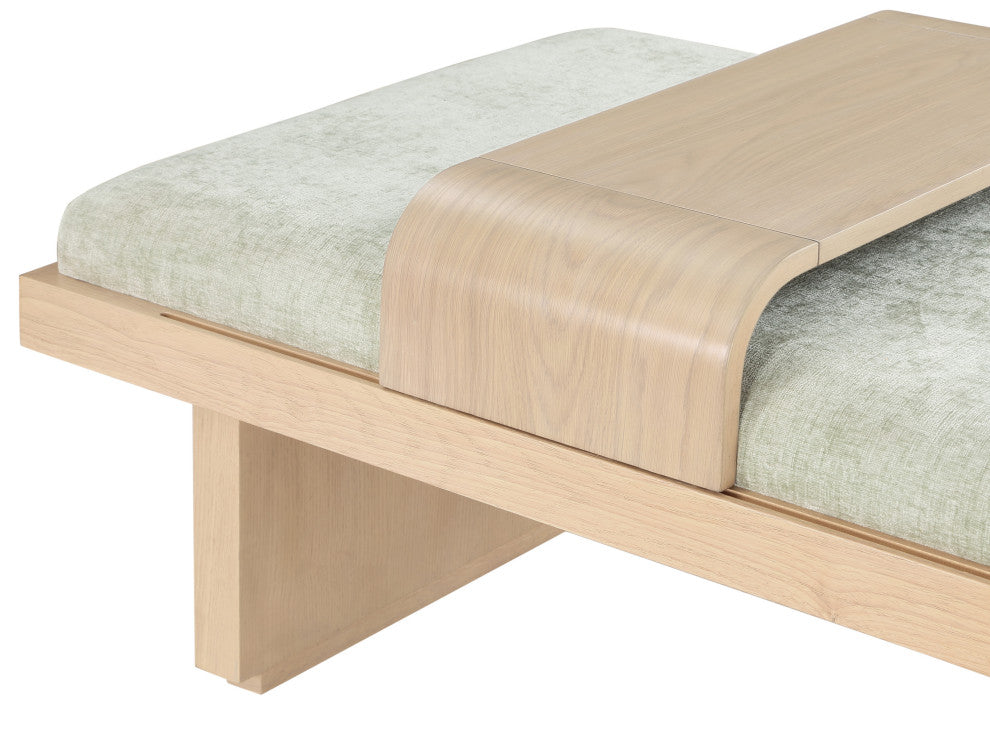 Arlington Chenille Fabric Upholstered Bench, Green, Natural Finish