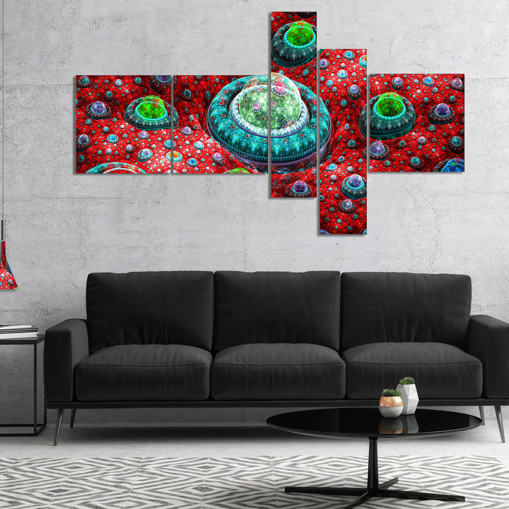 Red Fractal Exotic Planet, Abstract Canvas Art Print, 60"x32", 5 panels
