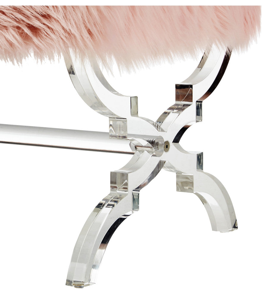 Enzo Faux Fur Acrylic X-Leg Ottoman, Rose