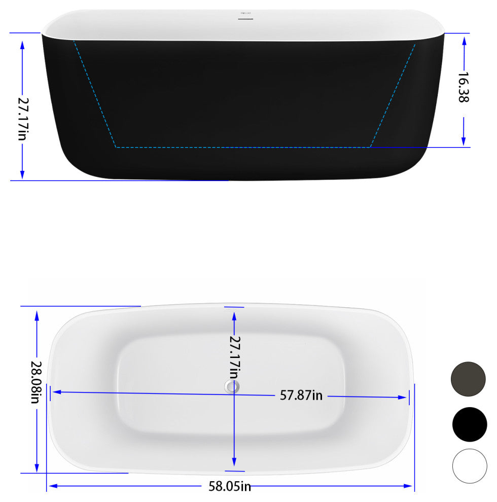 59" Acrylic Roll-Top Flatbottom Non-Whirlpool Bathtub, Black